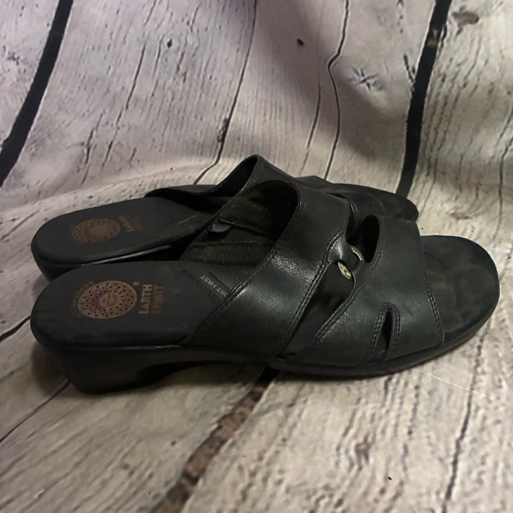 5/$20 Earth Spirit‎ Womens Black Leather Wedge Slide Sandals Sz 8.5 Shoes AS IS